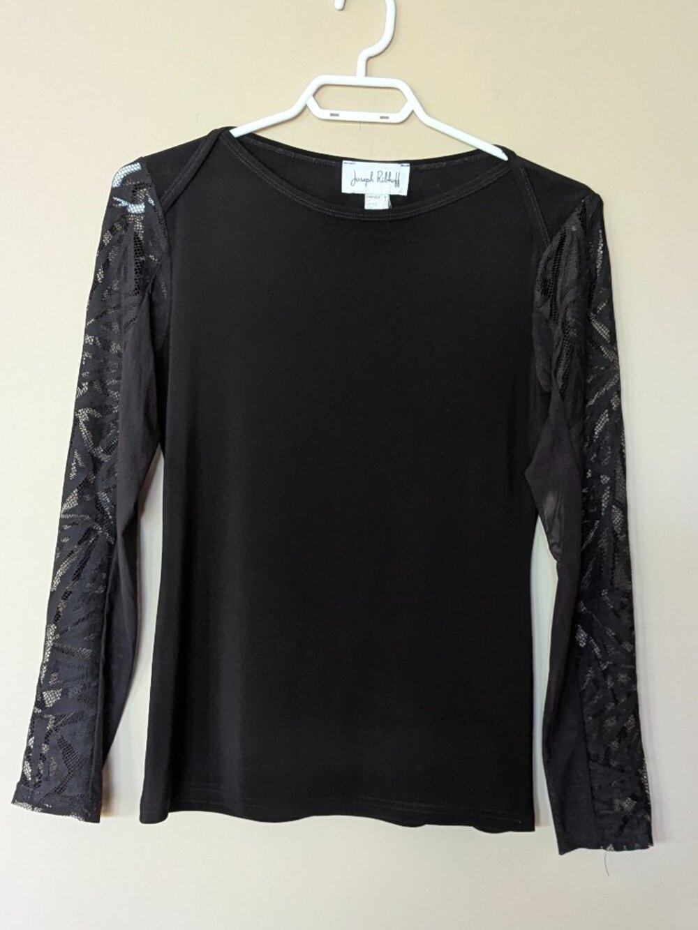 Joseph Ribkoff  black top with sheer lace long sleeves